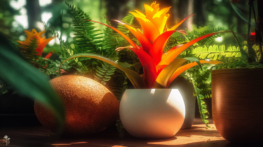 Colorful bromeliad plant in decorative ceramic pot