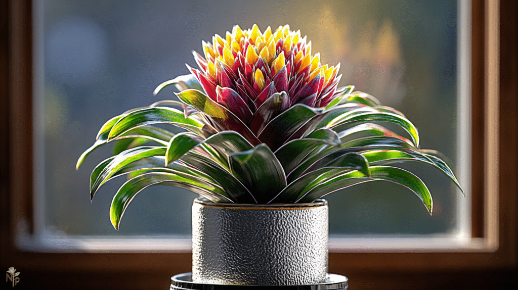 Colorful bromeliad plant in decorative ceramic pot