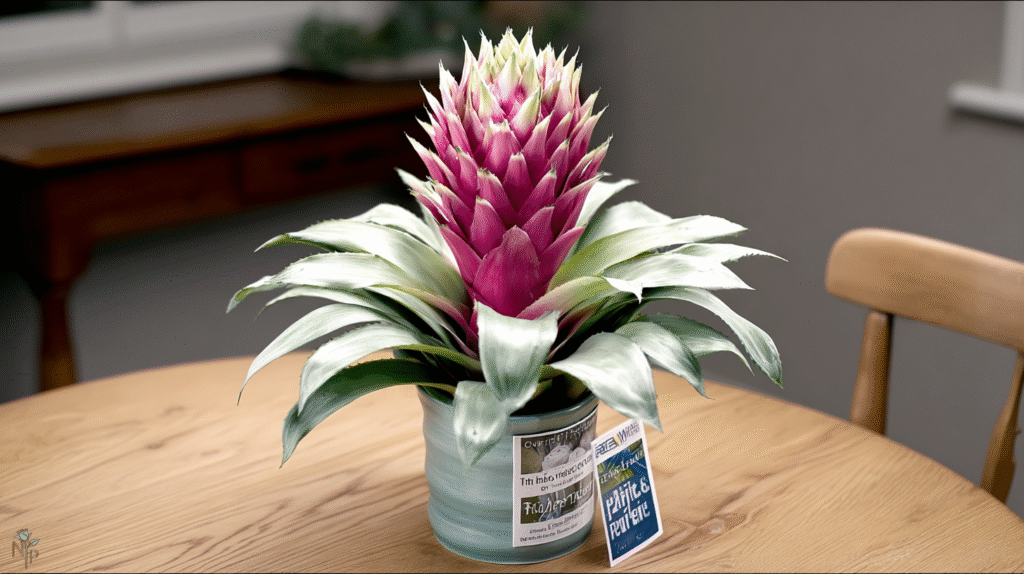 Healthy pink bromeliad in a decorative pot with glossy green leaves, presented as a gift indoors.
