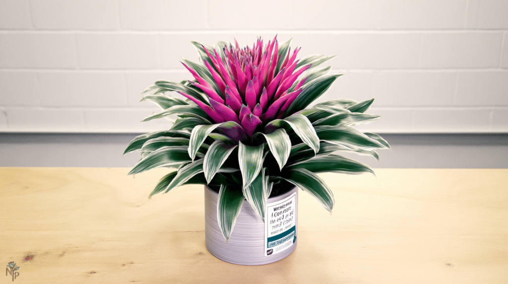 Healthy pink bromeliad in a decorative pot with glossy green leaves, presented as a gift indoors.
