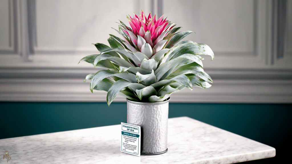 Healthy pink bromeliad in a decorative pot with glossy green leaves, presented as a gift indoors.
