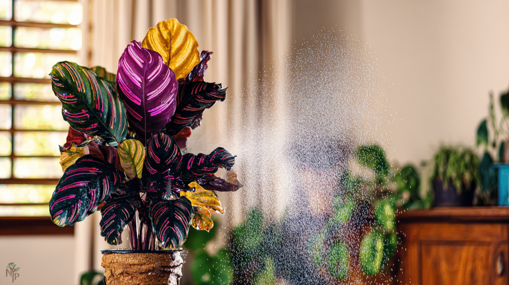 Healthy Calathea plants thriving indoors near a humidifier, showcasing vibrant patterned leaves and lush greenery  