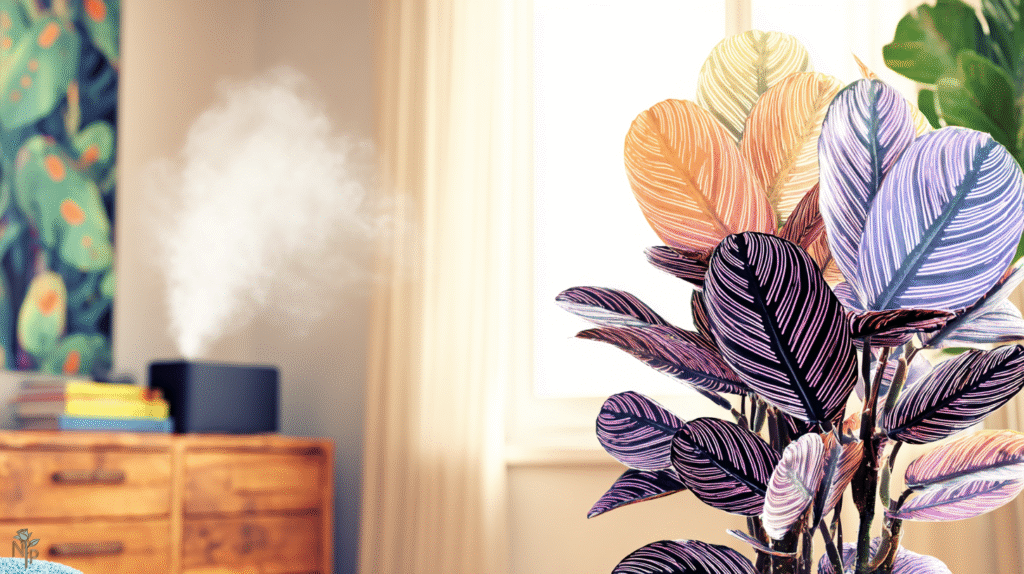 Healthy Calathea plants thriving indoors near a humidifier, showcasing vibrant patterned leaves and lush greenery  