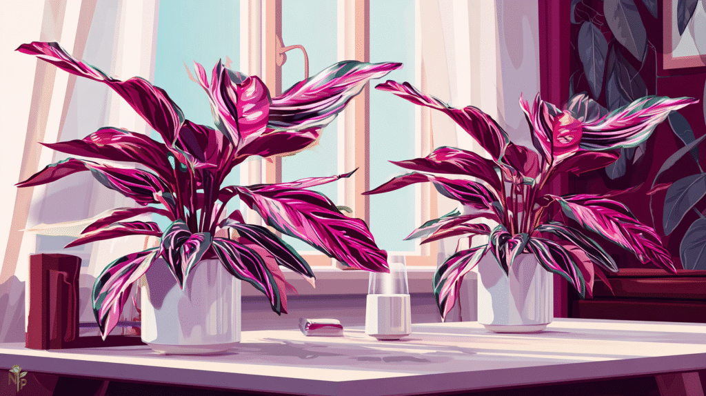 Healthy Calathea plants thriving indoors near a humidifier, showcasing vibrant patterned leaves and lush greenery  
