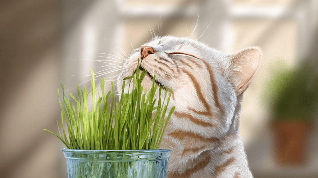 Cat happily nibbling on lush green cat grass growing indoors in a shallow container.