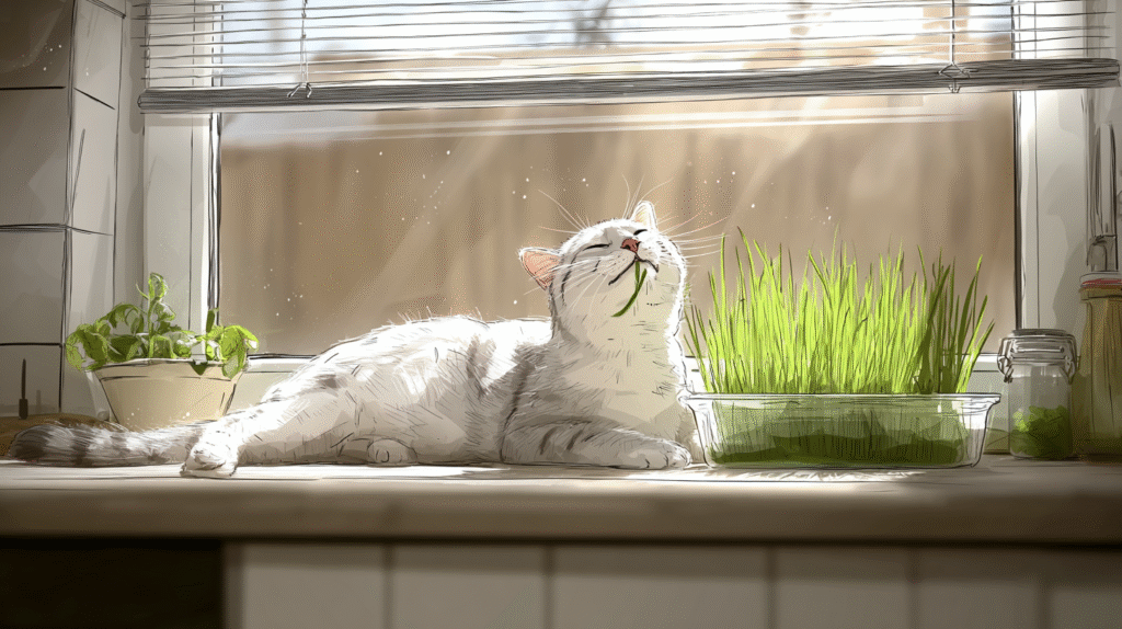 Cat happily nibbling on lush green cat grass growing indoors in a shallow container.