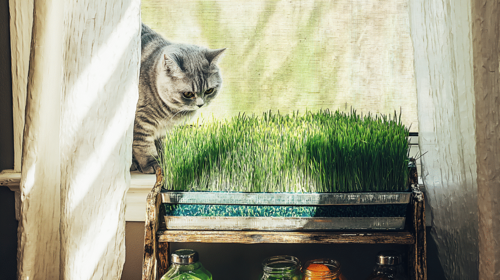  Cat happily nibbling on lush green cat grass growing indoors in a shallow container.