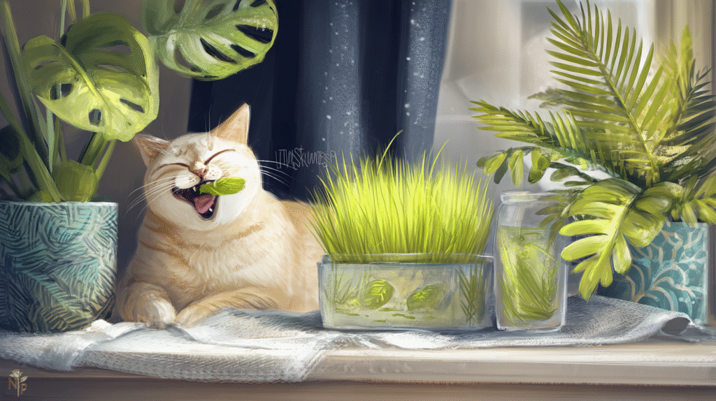 Cat happily eating fresh cat grass on sunny windowsill surrounded by healthy houseplants
