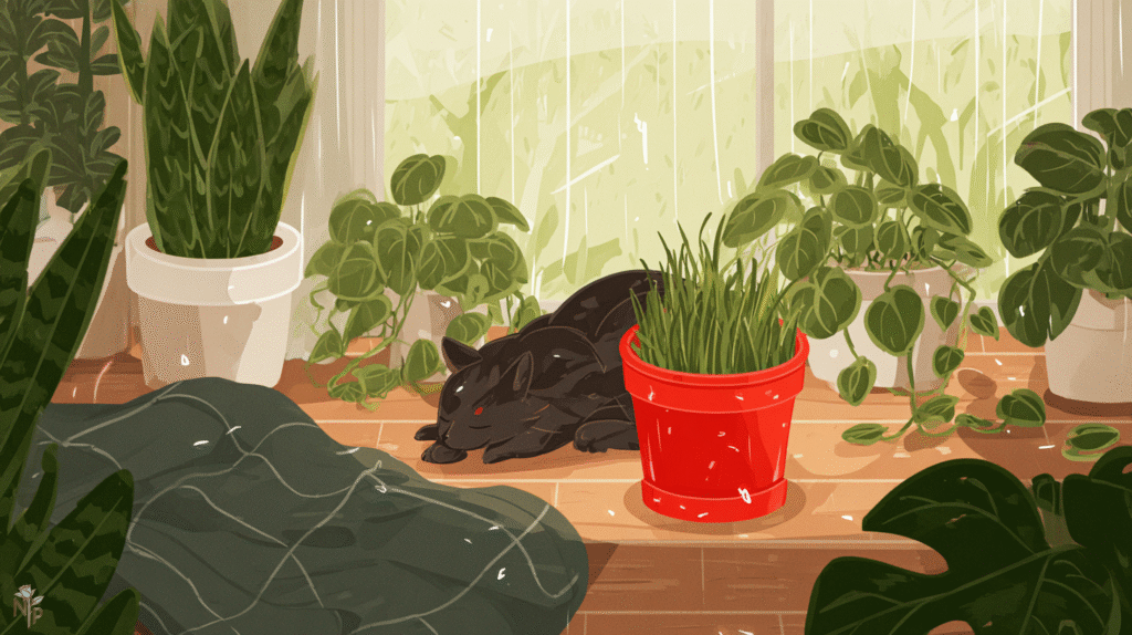 Cat happily eating fresh cat grass on sunny windowsill surrounded by healthy houseplants
