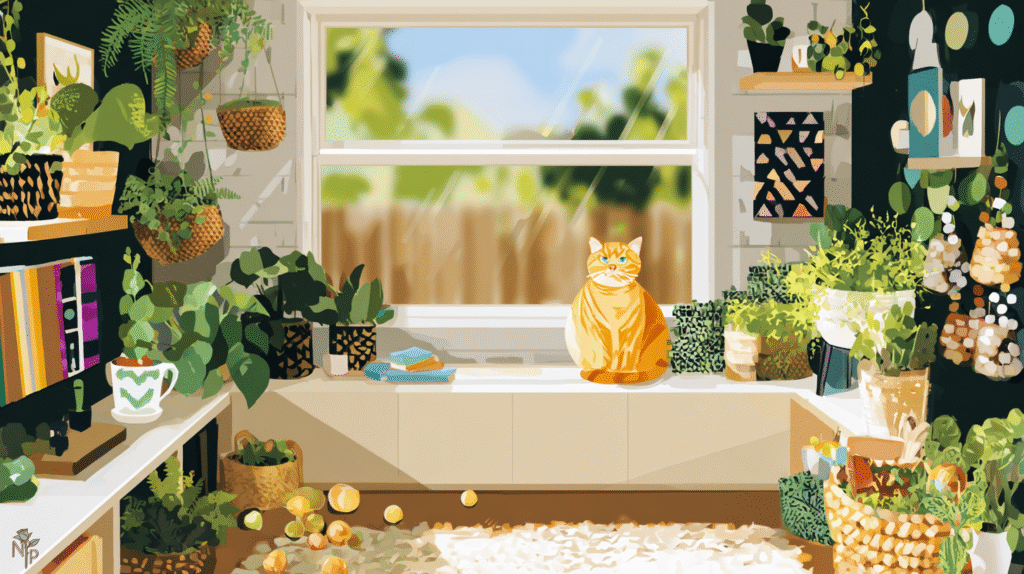 Cat-safe indoor plants with a curious orange tabby cat exploring a lush, green home jungle featuring Boston fern, ponytail palm, and prayer plant.
