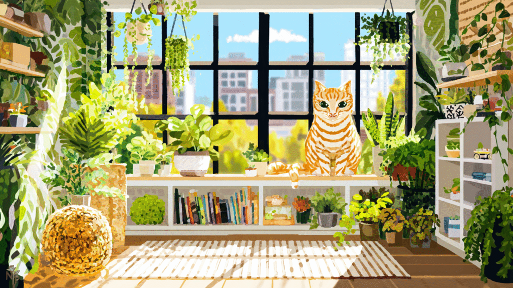 Cat-safe indoor plants with a curious orange tabby cat exploring a lush, green home jungle featuring Boston fern, ponytail palm, and prayer plant.
