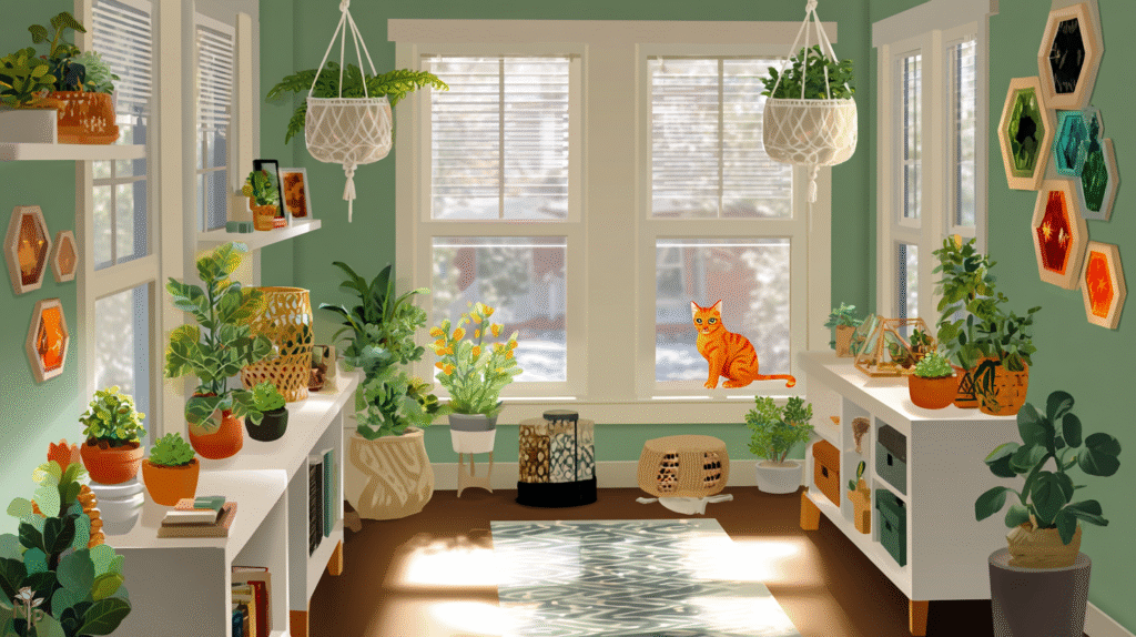 Cat-safe indoor plants with a curious orange tabby cat exploring a lush, green home jungle featuring Boston fern, ponytail palm, and prayer plant.
