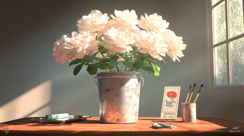  Elegant white gardenia plant with blooming flowers in a decorative pot, perfect as a thoughtful gift.
