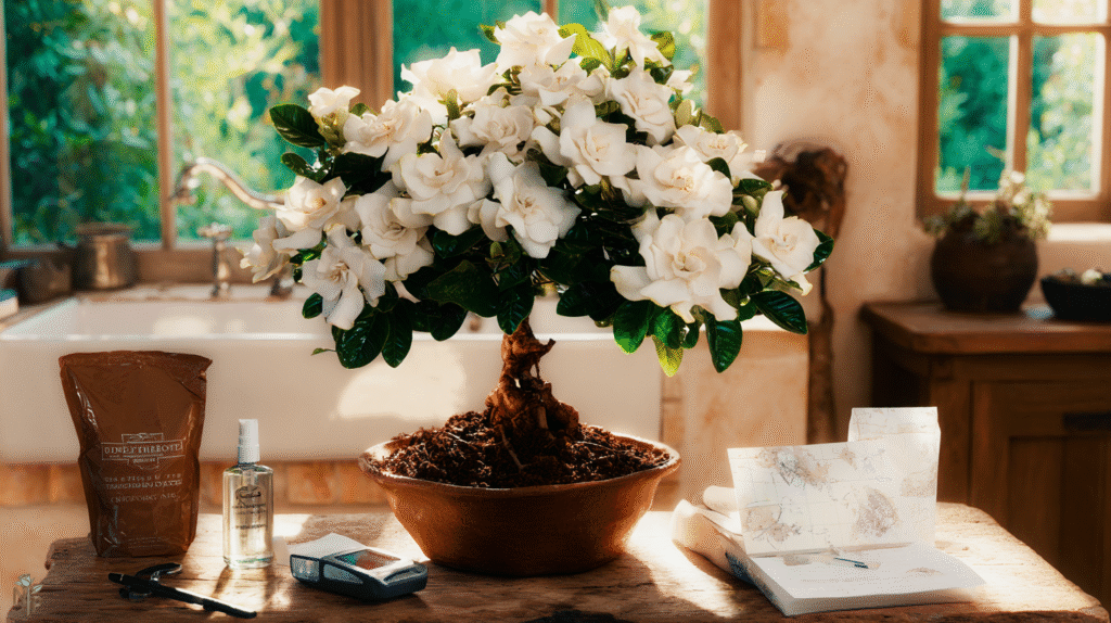  Elegant white gardenia plant with blooming flowers in a decorative pot, perfect as a thoughtful gift.
