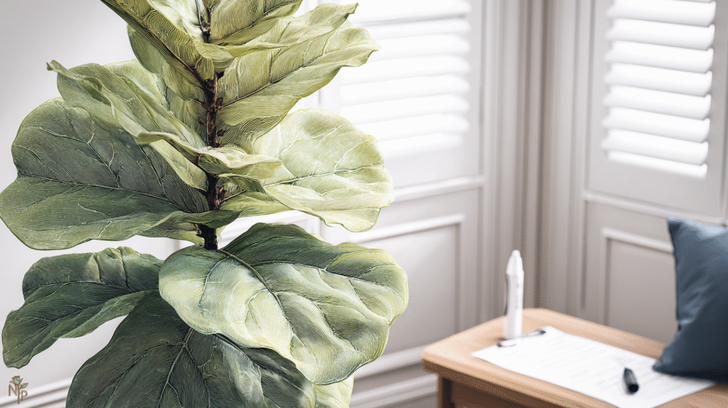 Healthy Fiddle Leaf Fig with large glossy leaves in an indoor living room receiving filtered sunlight and proper care.
