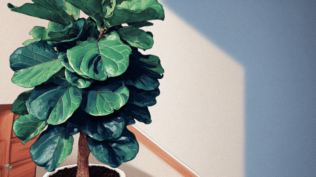 Healthy Fiddle Leaf Fig with large glossy leaves in an indoor living room receiving filtered sunlight and proper care.

