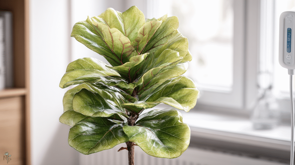 Healthy Fiddle Leaf Fig with large glossy leaves in an indoor living room receiving filtered sunlight and proper care.
