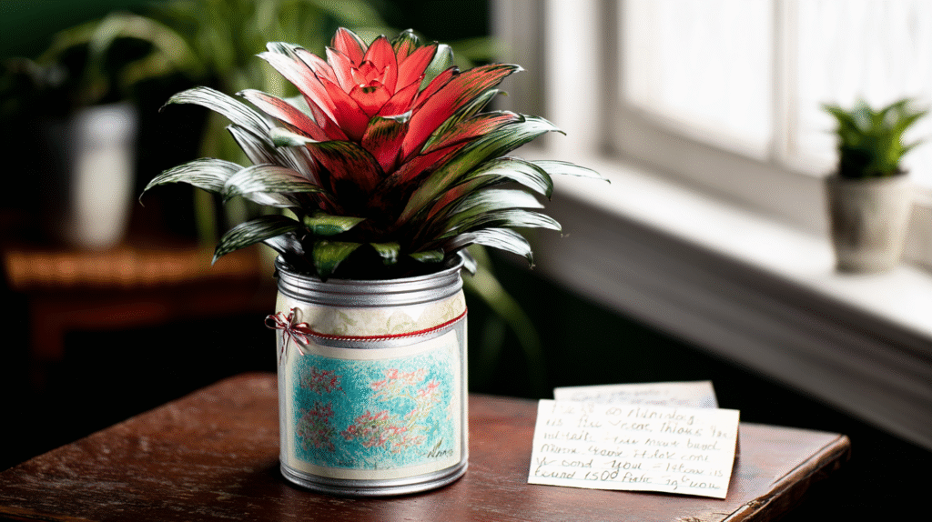 Tropical bromeliad plant with bright red and pink spiky flowers in a decorative ceramic pot, wrapped as a gift with a bow and handwritten care card, sitting on a wooden table in warm sunlight.
