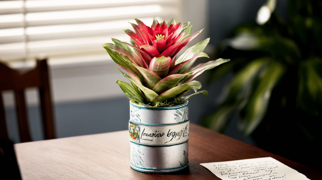Tropical bromeliad plant with bright red and pink spiky flowers in a decorative ceramic pot, wrapped as a gift with a bow and handwritten care card, sitting on a wooden table in warm sunlight.
