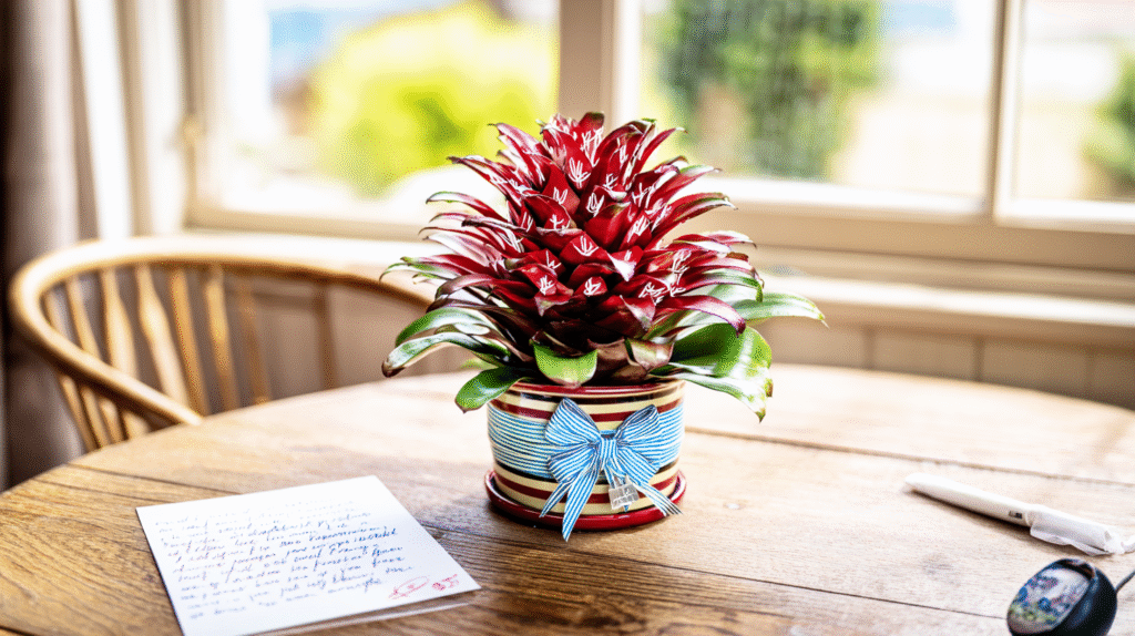 Tropical bromeliad plant with bright red and pink spiky flowers in a decorative ceramic pot, wrapped as a gift with a bow and handwritten care card, sitting on a wooden table in warm sunlight.
