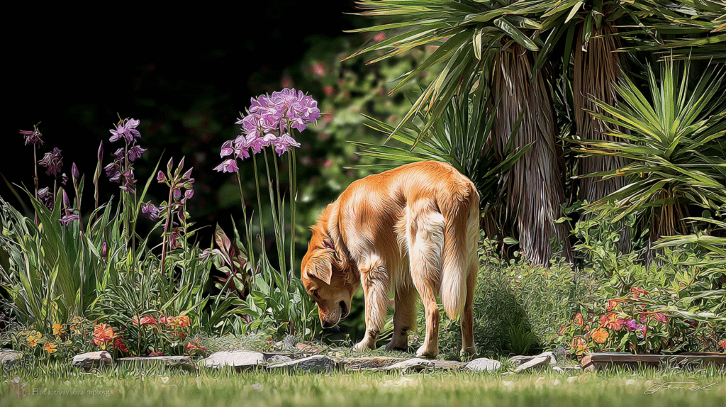 Golden retriever in garden near toxic plants such as sago palm, oleander, and foxglove