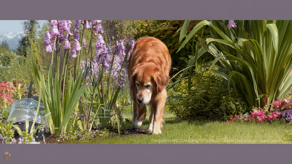 Golden retriever in garden near toxic plants such as sago palm, oleander, and foxglove