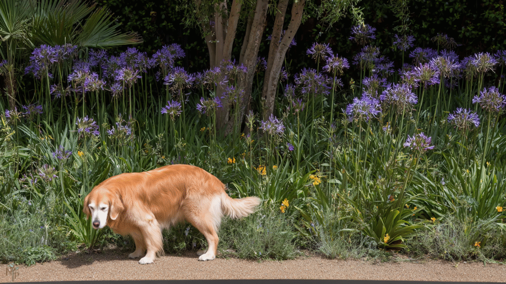  Golden retriever in garden near toxic plants such as sago palm, oleander, and foxglove.