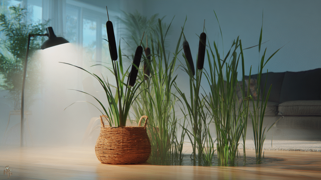 Healthy indoor cat tail plant thriving in a bright living room.