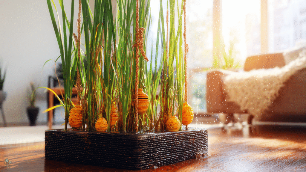 Healthy indoor cat tail plant thriving in a bright living room.