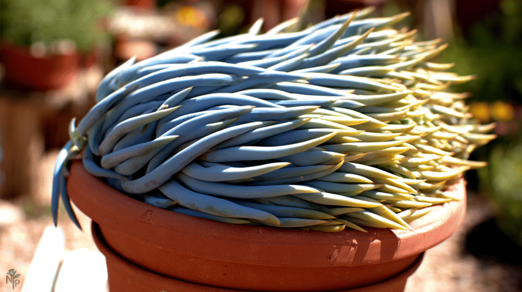 Healthy chalksticks succulent with powdery blue finger-like leaves in a terracotta pot.  