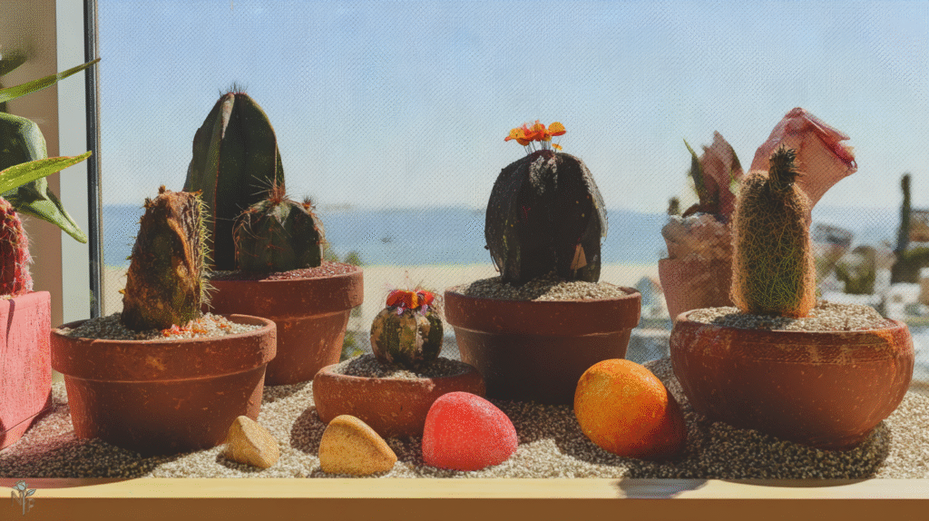 Healthy indoor cacti collection on a sunny south-facing windowsill
