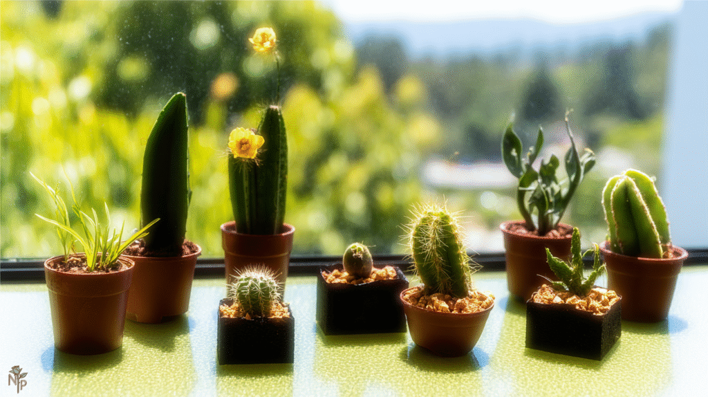 Healthy indoor cacti collection on a sunny south-facing windowsill
