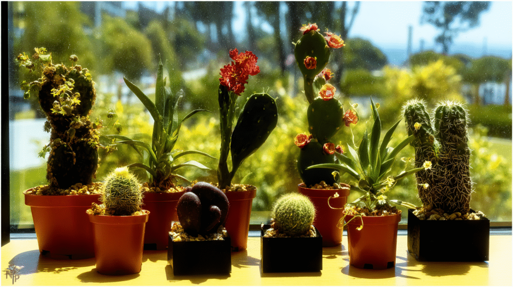 Healthy indoor cacti collection on a sunny south-facing windowsill
