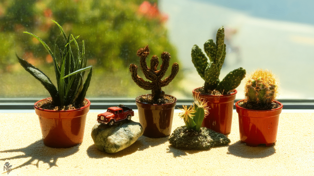 Healthy indoor cacti in terracotta and plastic pots with proper soil
