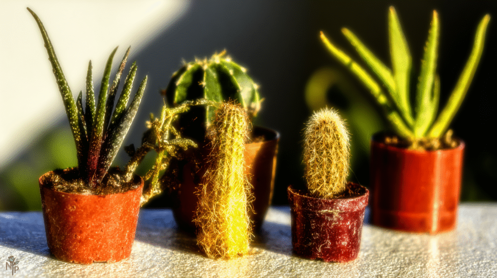 Healthy indoor cacti in terracotta and plastic pots with proper soil
