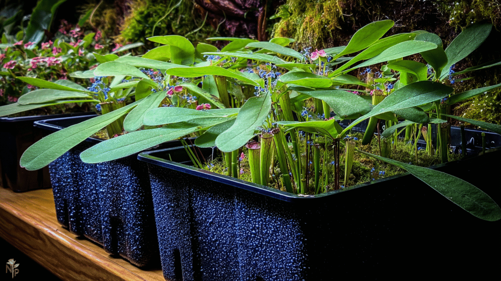 Healthy indoor pitcher plants with colorful traps sitting in water trays under bright light, vibrant green leaves, tropical bog setup.
