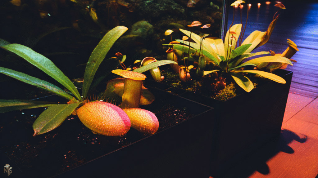 Healthy indoor pitcher plants with colorful traps sitting in water trays under bright light, vibrant green leaves, tropical bog setup.
