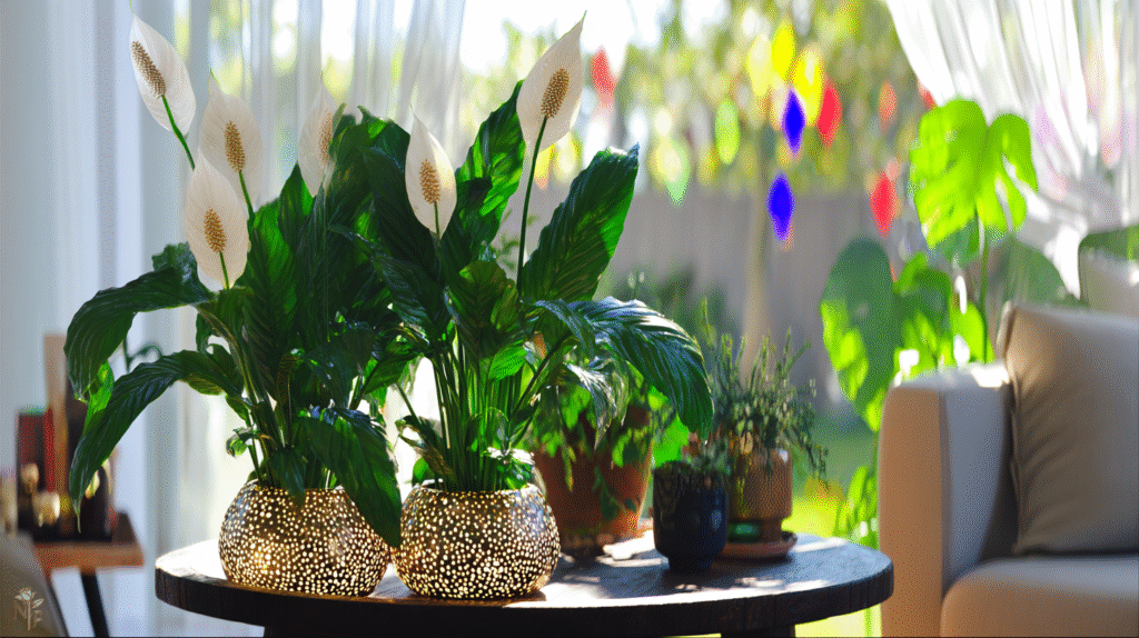 Healthy indoor peace lily plant with white spathes in bright living room corner