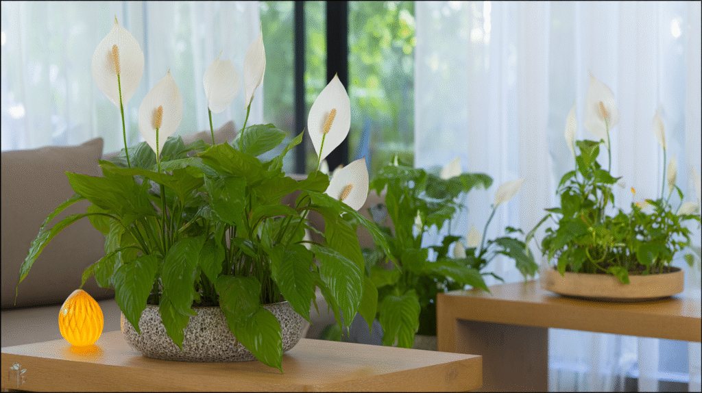 Healthy indoor peace lily plant with white spathes in bright living room corner