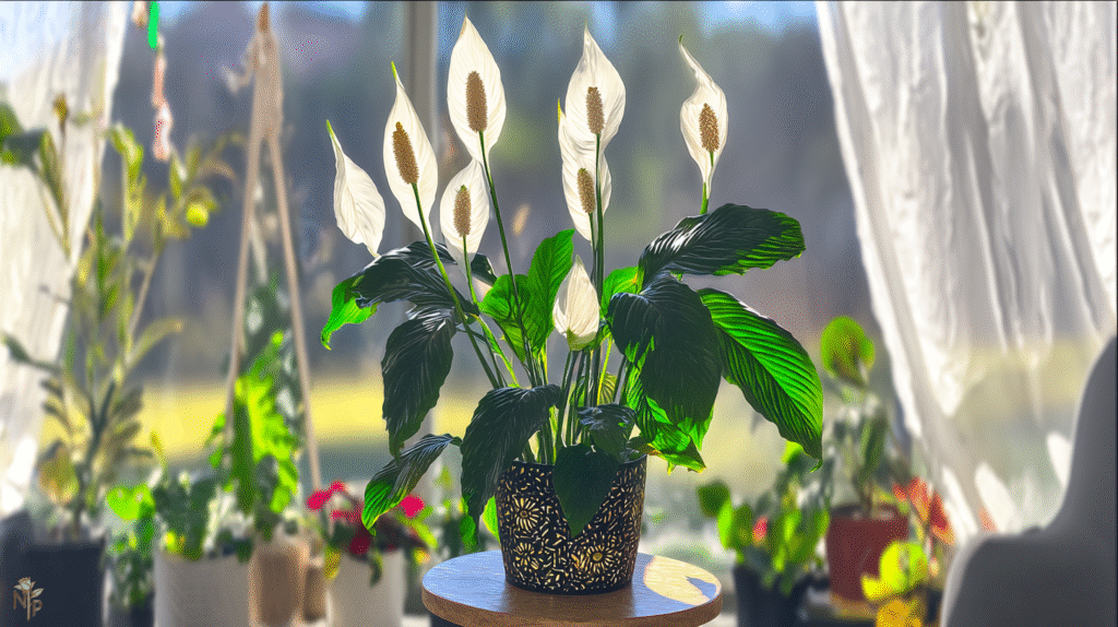 Healthy indoor peace lily plant with white spathes in bright living room corner