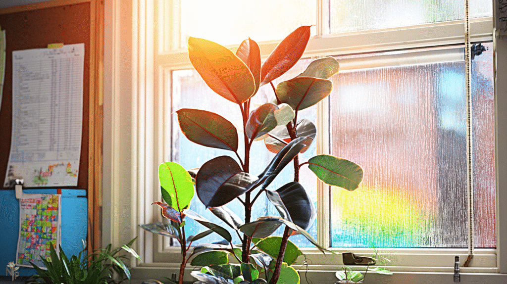 Healthy rubber plant near a bright window with soft filtered sunlight
