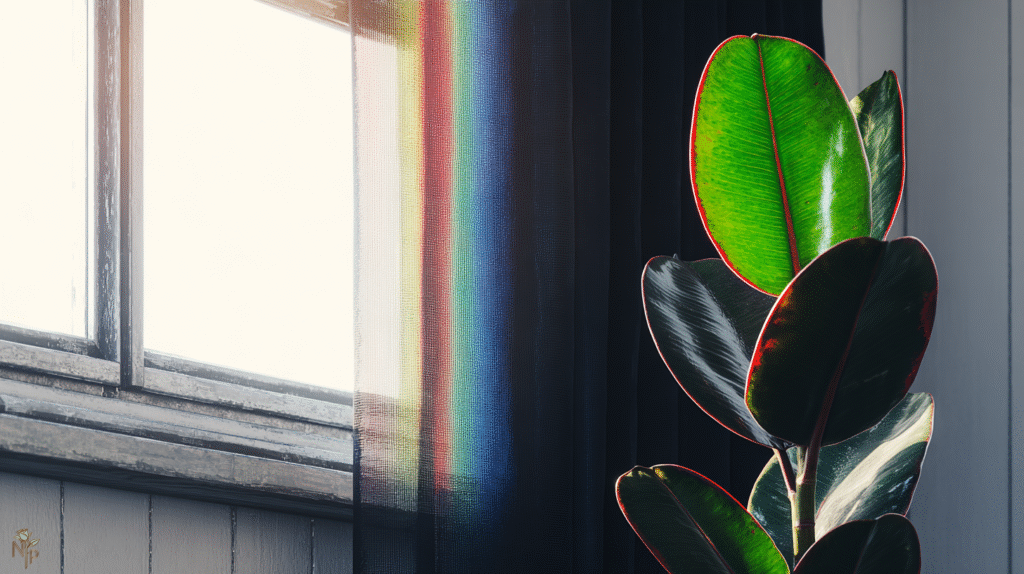 Healthy rubber plant near a bright window with soft filtered sunlight
