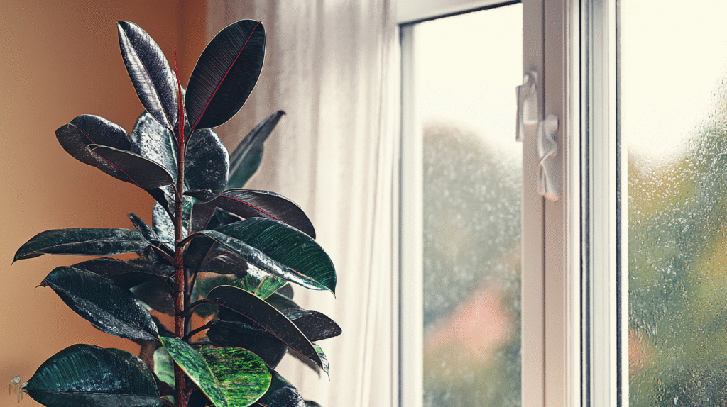 Healthy rubber plant near a bright window with soft filtered sunlight
