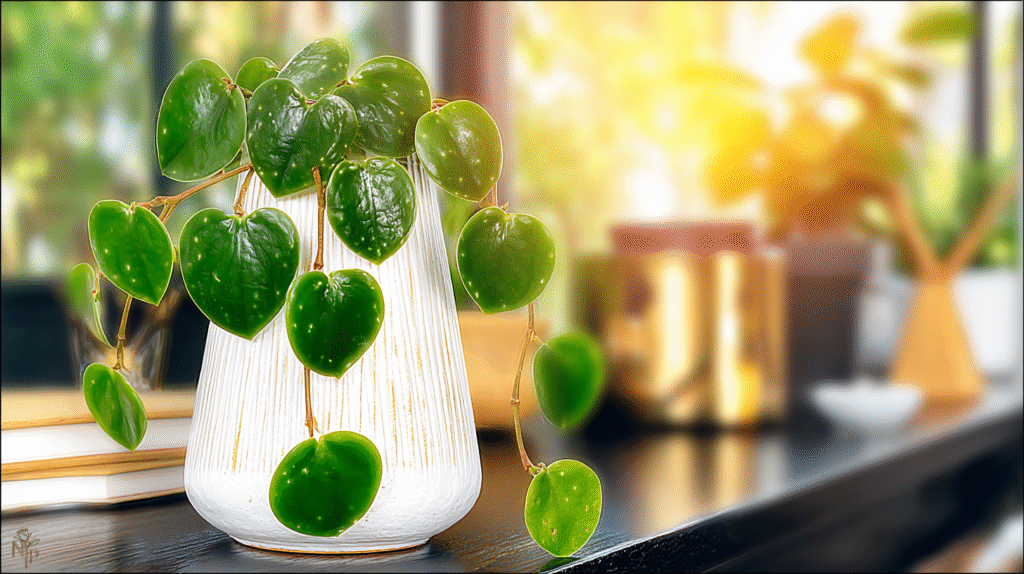 Healthy Hoya Kerrii vine with heart-shaped leaves in a modern white ceramic pot indoors.  