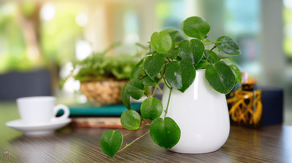 Healthy Hoya Kerrii vine with heart-shaped leaves in a modern white ceramic pot indoors.  