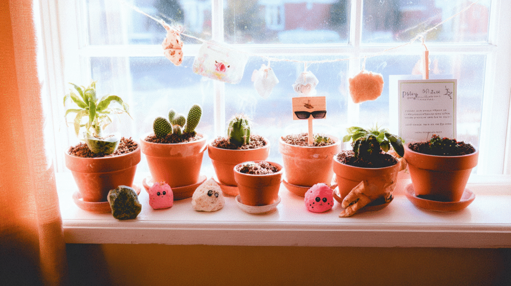Thriving indoor cactus collection on a sunny windowsill with terracotta pots and playful homey details
