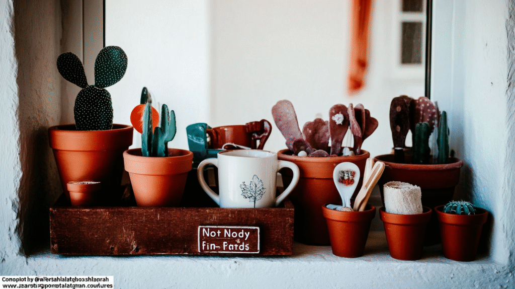 Thriving indoor cactus collection on a sunny windowsill with terracotta pots and playful homey details
