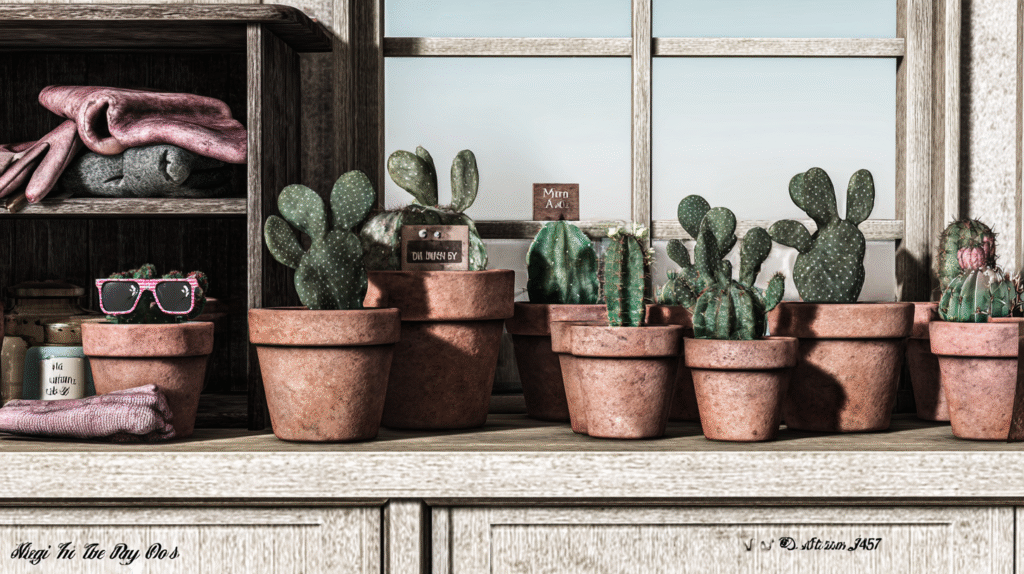 Thriving indoor cactus collection on a sunny windowsill with terracotta pots and playful homey details
