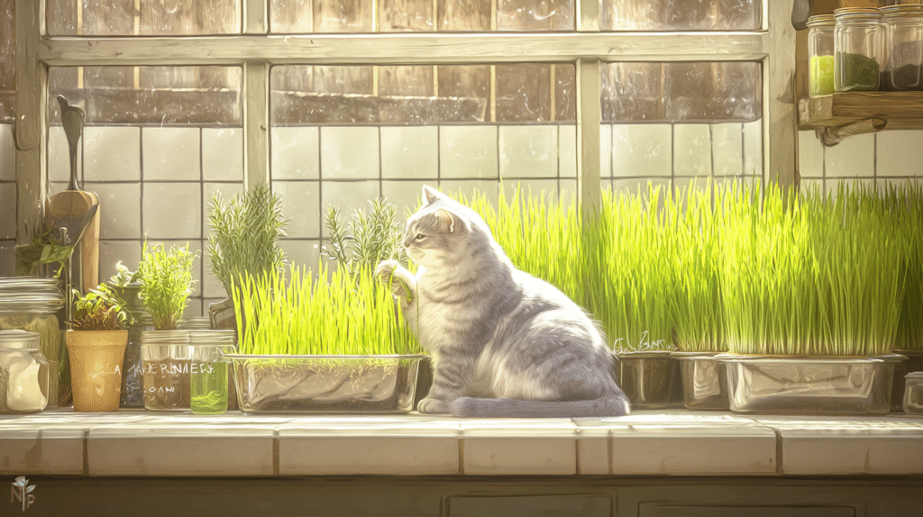 Cat interacting with fresh green cat grass in shallow containers indoors, showing different growth stages from sprouts to mature blades
