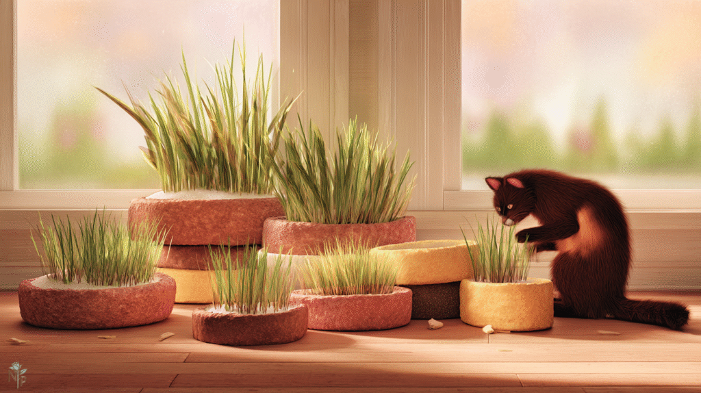Cat interacting with fresh green cat grass in shallow containers indoors, showing different growth stages from sprouts to mature blades
